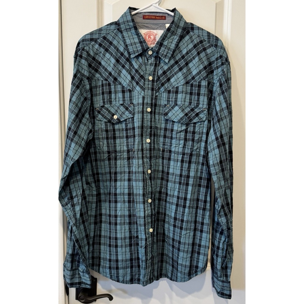 Christian Audigier Plaid Button Up Shirt XL Blue Black Long Sleeve Western Style